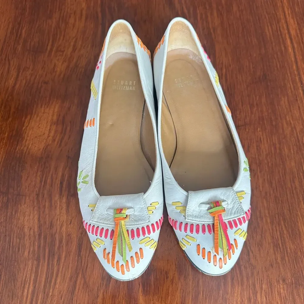 Vintage 80s 37.5 STUART WEITZMAN Multicolor White Western Woven Leather Loafers